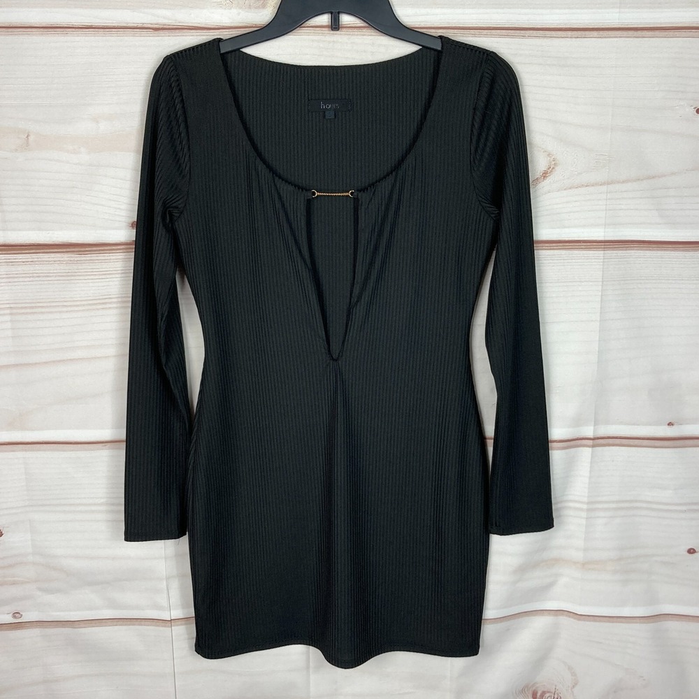 h:ours Dress Womens S Black Ribbed Mini Long Sleeve Keyhole Plunge Neck Bodycon